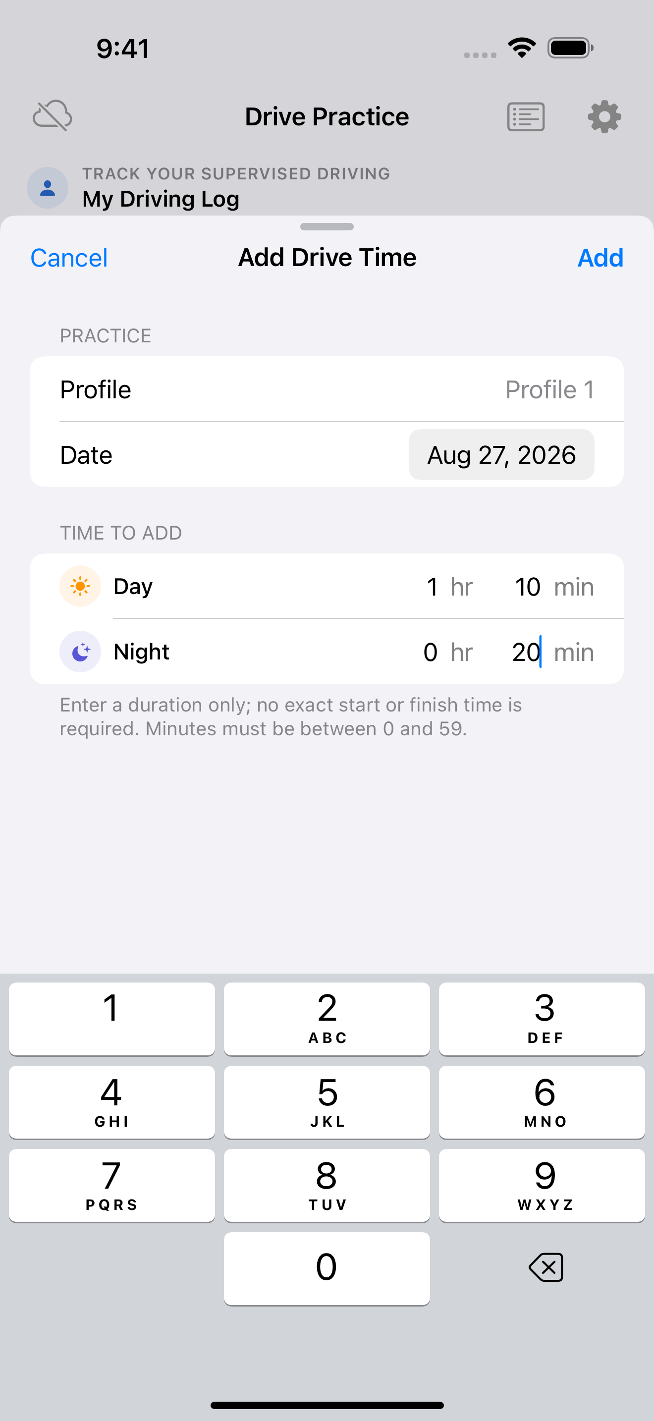 Drive Practice manual entry screen for adding day and night practice durations