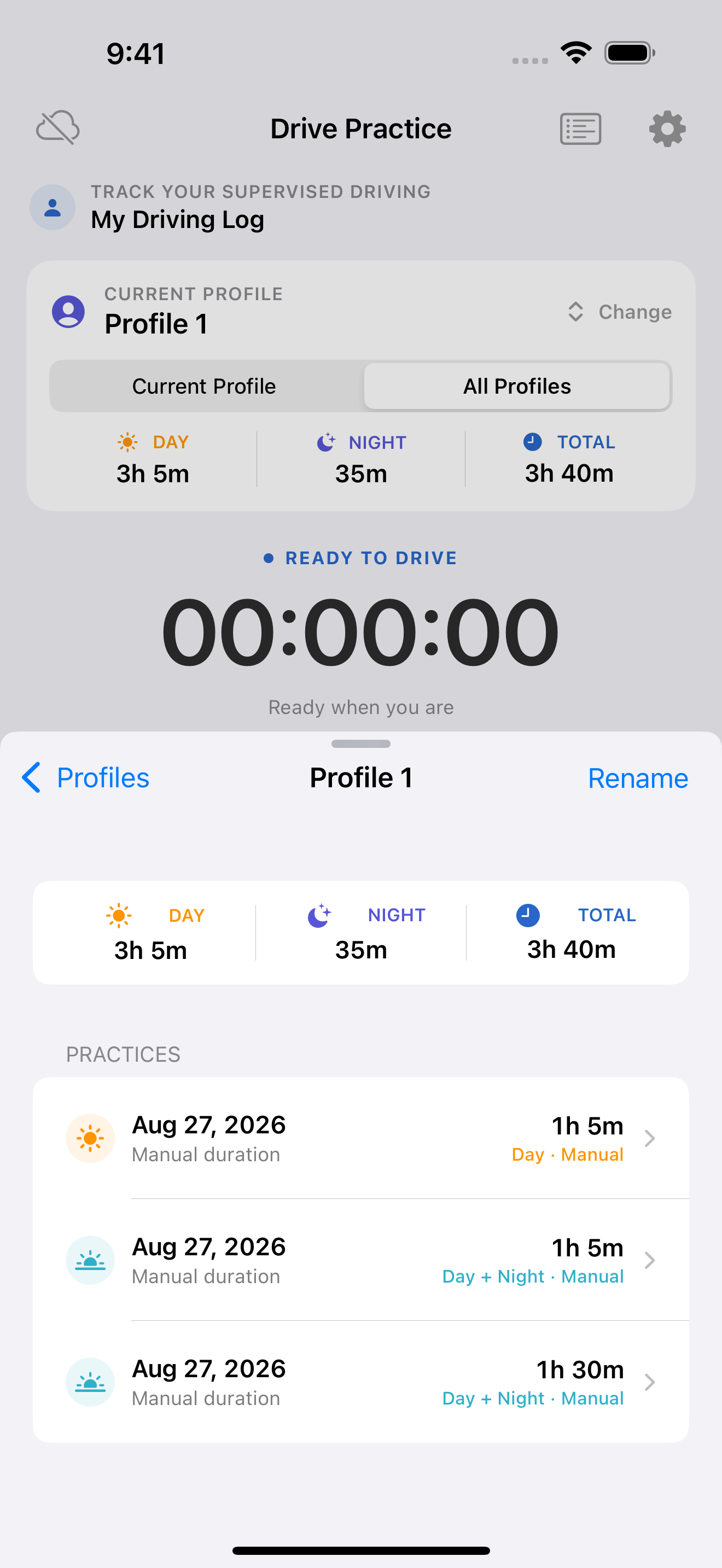 Drive Practice profile history with recorded practice sessions