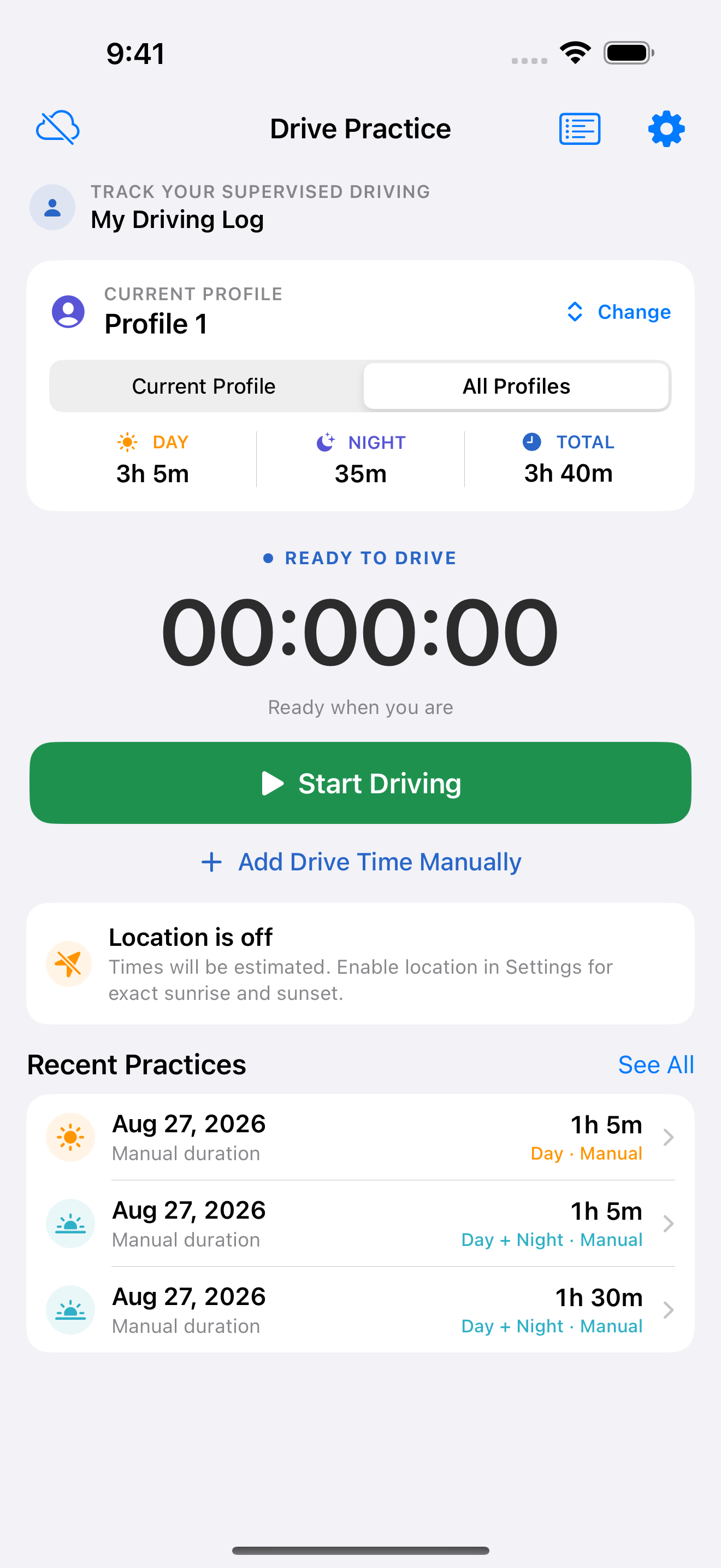 Drive Practice overview showing a timer and day and night driving totals