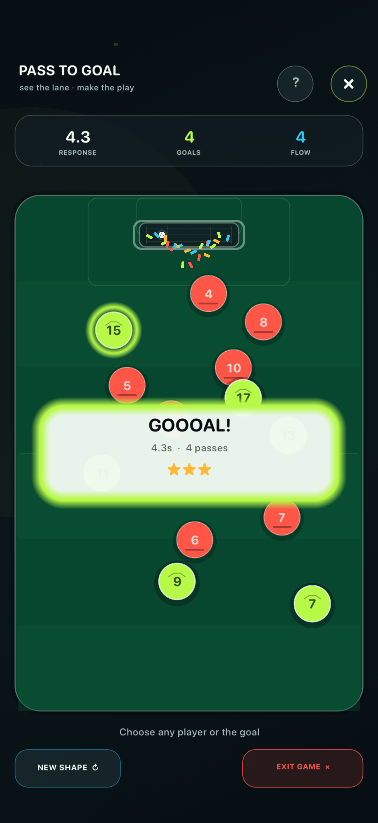 Pass To Goal game showing teammates, opponents, passing lanes, and the goal
