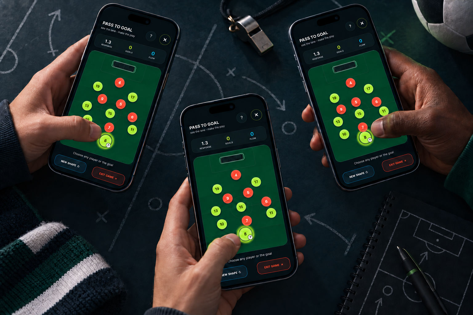 Three friends playing the same Pass To Goal scenario on nearby iPhones